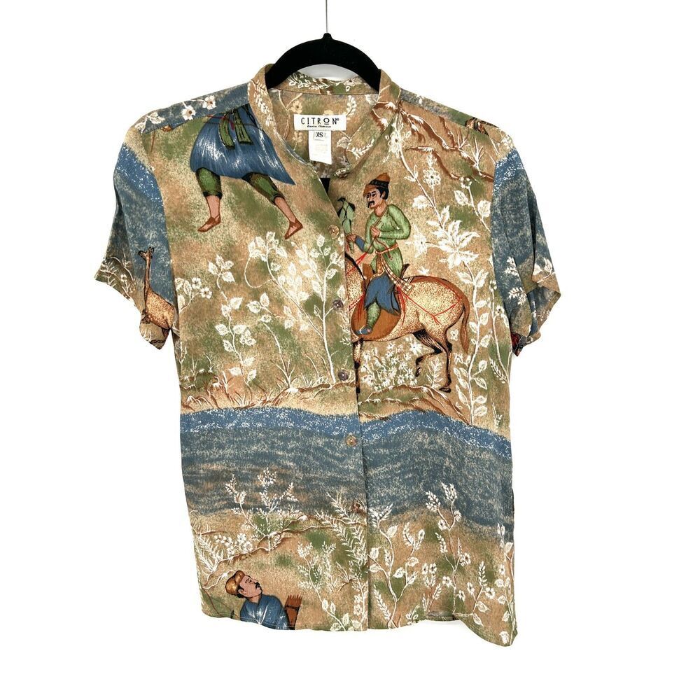 CITRON Santa Monica Horse Rider Print Rayon Short Sleeve Button Up Shirt XS